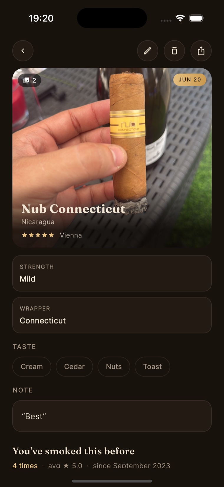 A scan's detail — the photo, wrapper and strength, taste notes, and your history with the cigar